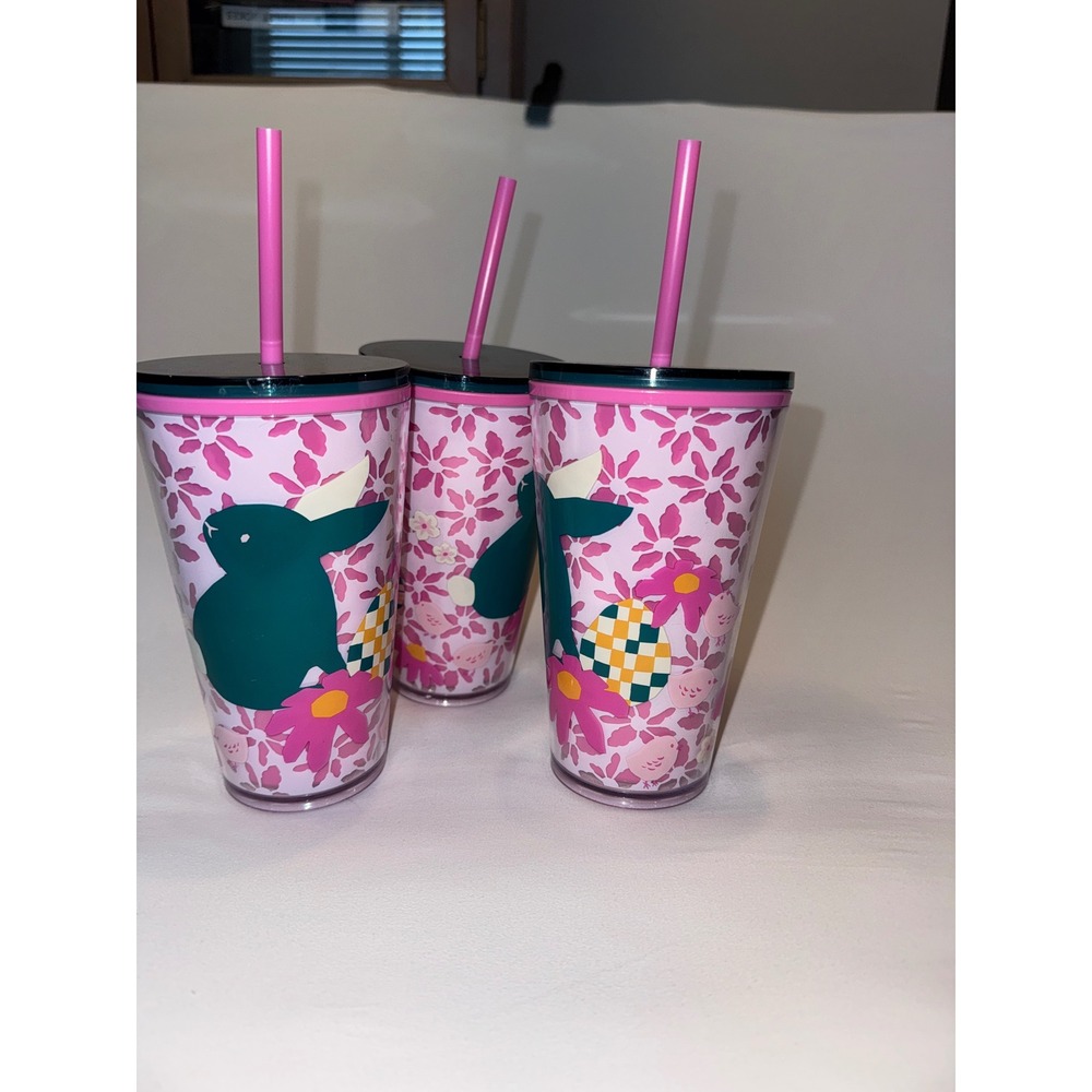Starbucks Easter Bunny Floral Cold Cup Tumbler Set 16oz Pink Purple 3 Pack New